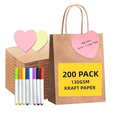 Imagem de MKAHM Pacote com 200 sacos de papel para presente, 15 x 8 x 21 cm, sacos kraft marrons com alças para festa de aniversário de festival, varejo de mercearia, presentes de negócios, sacolas de
