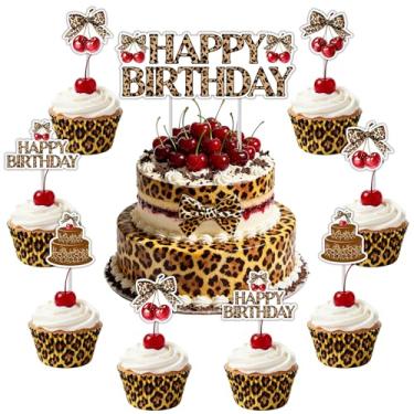Imagem de Fangleland 25PCS Cherry Cheetah Cake Decorations, Happy Birthday Cake Topper Cupcake Picks Red Cherries Leopard Print Photo Props Birthday Party Supplies for Girls Women