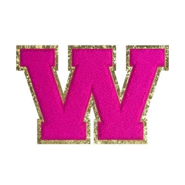 Imagem de 1 peça de patch de letra de chenille rosa de 11,4 cm com borda dourada – Remendos do alfabeto para roupas, jaquetas, mochilas, chapéus para decoração personalizada, nome personalizado e artesanato. (W