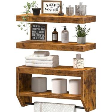Imagem de QEEIG Prateleiras flutuantes de banheiro para parede - prateleira sobre armazenamento de papel higiênico casa de fazenda 40,6 cm conjunto de 3, marrom rústico (028-40BN3)
