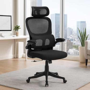 Imagem de Cadeira de escritório preta, design ergonômico com suporte lombar, encosto de cabeça regulável e malha respirável - Werhu Office Chair
