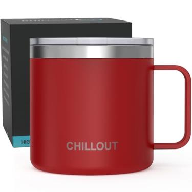 Imagem de CHILLOUT LIFE Caneca de café de aço inoxidável 473 ml isolada a vácuo com alça e tampa, caneca de café térmica grande para acampamento com tampa deslizante durável para homens e mulheres, mantém suas