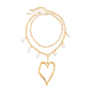 Imagem de Colar grande de coração grosso Y2k com pingente de coração vazado, gargantilha com contas de pérolas, clipe de papel, colar empilhado para mulheres, moda em camadas, one size, Zinco, Sem Pedra