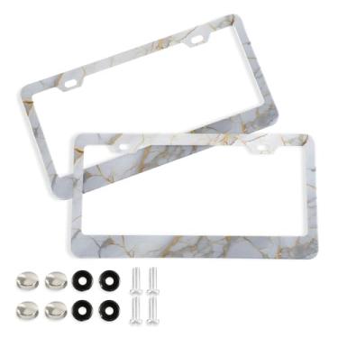 Imagem de CEBUGI Pacote com 2 molduras de placa de carro de alumínio capas de moldura de placa de carro com 2 furos fundo mármore acessórios automotivos para placas dianteiras e traseiras orifício elíptico