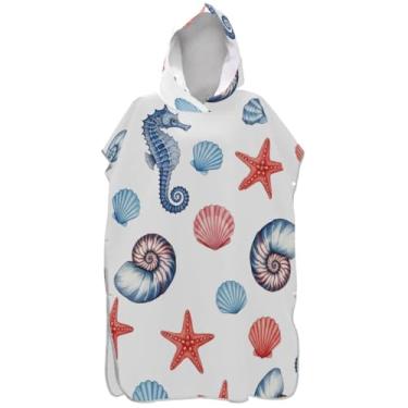 Imagem de Joisal Roupão para adultos, poncho de surfe, com capuz, toalha de praia, impressão, absorvente, bonito, estrela-do-mar, cavalos-marinhos, branco, unissex, poncho adulto com capuz