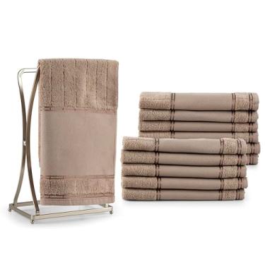 Imagem de Kit 24 Toalhas de Lavabo com Barra Lisa Avelã, 100% Algodão (30x50cm), Corpo Canelado em Veludo 420g/m² Hipoalergênica e Estilo Clássico