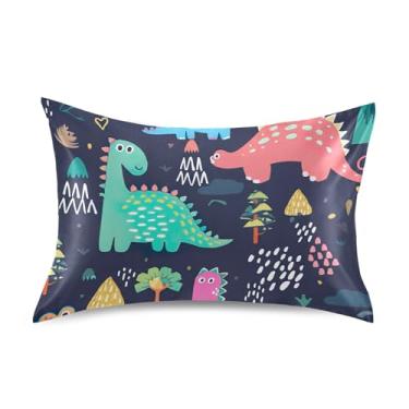 Imagem de Fronhas fofas de dinossauros coloridos de cetim com desenho animado fofo arte refrescante padrão Queen King fronha macia para cama tamanho padrão 66 cm x 50 cm