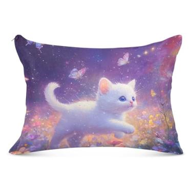 Imagem de Starlight Meadow Capa de almofada fofa de gato fofo com zíper padrão Queen King Size Fronha de pintura para sofá de cama de casa, tamanho king, 50,8 cm x 101,6 cm