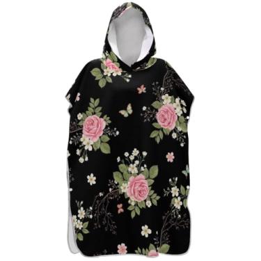 Imagem de Joisal Roupão vintage rosa rosa preto para adultos, poncho de surfe, toalhas de banho com capuz, ponchos de praia leves para homens