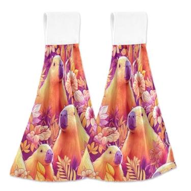 Imagem de Toalhas de cozinha de mão com laço para pendurar desenhos animados capivaras florais conjunto de 2 toalhas de chá de forno, toalhas de cozinha absorventes macias e fofas, 46 x 35 cm