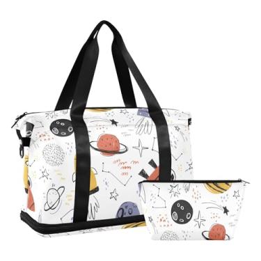 Imagem de Stars Starfall Night Luminaries Bolsa de tênis para viagem impermeável bolsa de ginástica essencial para mulheres, bolsas grandes de fim de semana para mulheres, Foguetes espaciais desenhados à mão