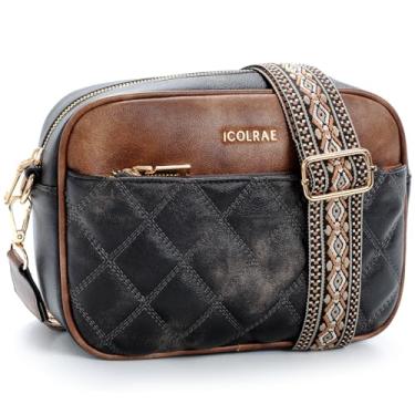 Imagem de ICOLRAE Bolsas transversais pequenas femininas acolchoadas de couro vegano com alça larga ajustável, Marrom e preto, Tendência