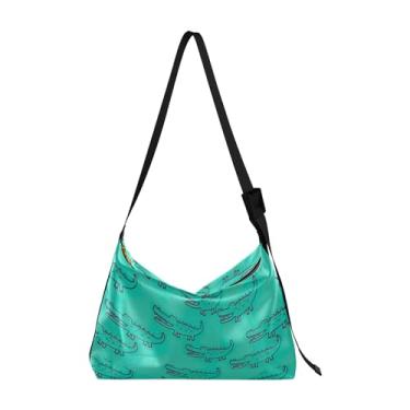 Imagem de Bolsa de ombro de couro verde com desenho de sapos fofos, bolsa masculina com estampa de animal, bolsa Hobo de ombro feminina, Lindo desenho de crocodilo azul-petróleo