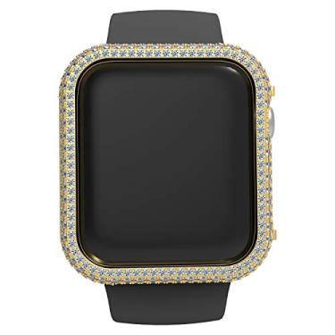 Imagem de HJINVIGOUR Capa luxuosa com moldura de liga metálica embutida de diamante de cristal de strass e strass compatível com Apple Watch séries 4 5 6 7 8 SE presente para homens e mulheres (ouro, 45 mm)