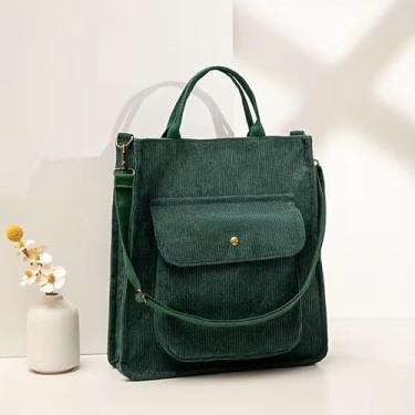 Imagem de Bolsa feminina de veludo cotelê, bolsa tiracolo ajustável, bolsa casual dobrável e lavável com fecho de zíper, bolso frontal, 28 x 32 x 7,9 cm, forro de poliéster durável, verde