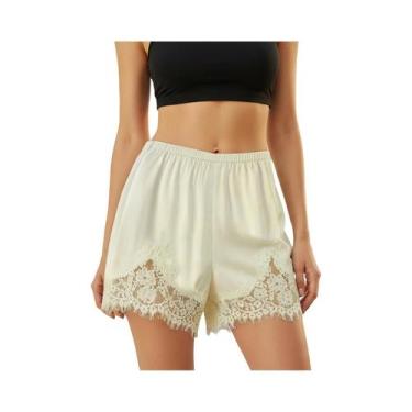 Imagem de Shorts De Pijama Micro Mini De Seda Satin Com Renda Para Mulheres, Cin