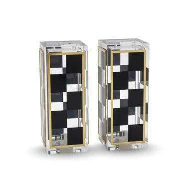 Imagem de Conjunto de saleiro e pimenteiro xadrez, design quadrado preto e branco com 3 e 5 furos, acessórios de mesa de decoração de cozinha moderna, exibição de jantar elegante, ferramenta de cozinha