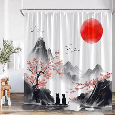 Imagem de Cortinas de chuveiro paisagem estilo japonês rosa flor de cerejeira tinta floral paisagem cidade montanha decoração de casa de banho 55 x 71 pol. -140 x 180 cm/L x A