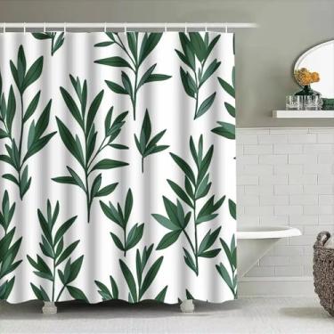 Imagem de Cortina de chuveiro de folha verde, tapete de banho branco com design de ramo de oliveira, tecido impermeável para decoração de casa de banho, tela de banho 76 x 84 pol. - 193 x 214 cm/LxA