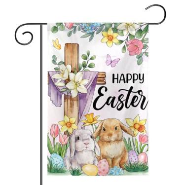 Imagem de Happy Easter Garden Flag Bunnies Easter Eggs Flowers Cross Outdoor Yard Lawn Farmhouse Varanda Decoração Sinalizadores de jardim sazonais 30,5 x 45,7 cm Dupla face
