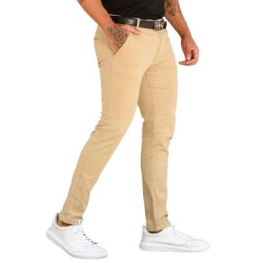 Imagem de Calça Sarja Social Masculina Bolso Embutido Slim - Mitchelgutto, Bege,