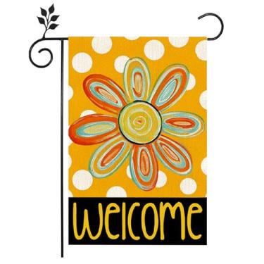 Imagem de Welcome Summer Bandeira decorativa de jardim 30,5 x 45,7 cm dupla face exterior bandeira floral de jardim de verão com ponta de onda, para decoração de jardim, para decoração de jardim rústico ao ar