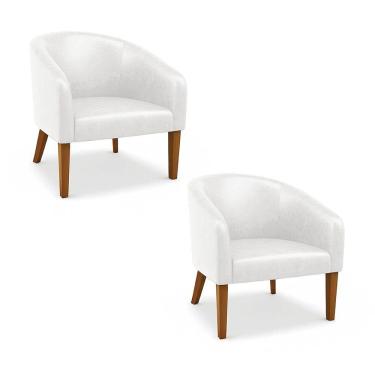 Imagem de Poltrona Sala Decorativa Kit 2 Stella Pé Madeira Trapézio Castanho Sintético Pu Branco D03 - D'rossi