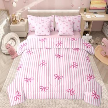 Imagem de Castle Fairy Jogo de cama queen com laço, listras e laço rosa, para crianças, meninos, princesa, rosa, 2 camas macias em uma bolsa com edredom, lençóis, fronhas para decoração de quarto