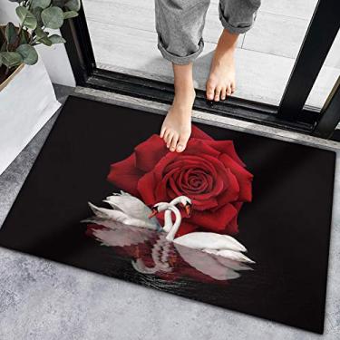 Imagem de Capacho de casa de banho antiderrapante Dia dos Namorados Cisne Rosa Flor Vermelha em Preto, Tapetes de Entrada Tapete Estético Animal para Quarto Cozinha Sala de Estar Decoração de Banheiro 50 x 81