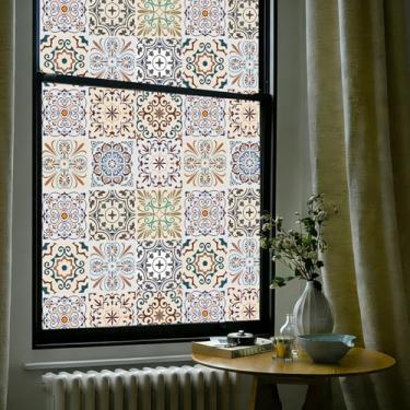 Imagem de OHTMERU Película decorativa para janela de vitral, adesivo de vidro fosco com aderência estática, opaco, controle de calor, bloqueio UV, filme boho para janela para porta da frente, estilo espanhol de