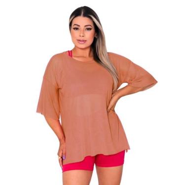 Imagem de Blusa Tule Feminina Fitness Academia Manga Curta Laranja - Rcv Store, 