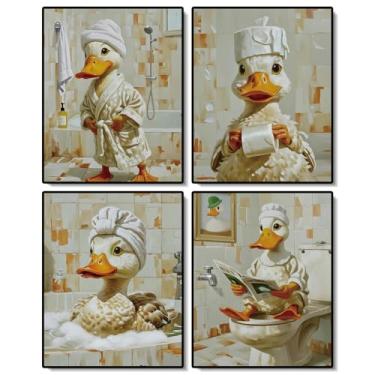 Imagem de ACIYQHI Arte engraçada de parede de pato, pôster de banheiro de animal, estampa de fotos de banheiro de pato fofo, conjunto de 4 pinturas de decoração de parede de banheiros (sem moldura)