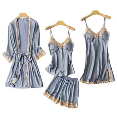 Imagem de HHHJQFAAT Pijamas femininos - Conjunto de pijama de cetim conjunto de pijama camisola roupa de dormir para casa roupão feminino manga de renda conjunto M rosa conjunto -C (cinza b)