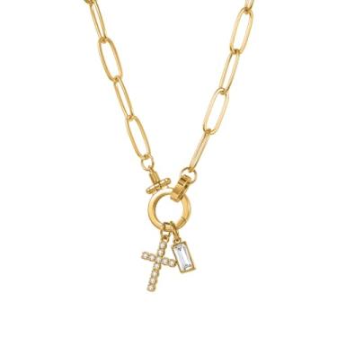 Imagem de MYDIY Colar feminino com pingente de cruz de pedra do mês de nascimento banhado a ouro, corrente delicada em camadas, presente inicial personalizado, joia cristã, pingente de cruz de fé, presente de