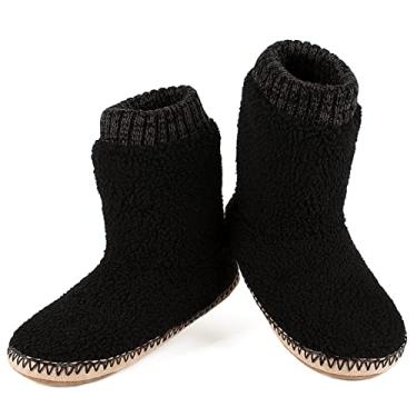 Imagem de Botas masculinas aquecidas para casa, meias de lã de ovelha felpuda grossa mocassim de inverno, solas antiderrapantes, confortáveis e confortáveis para uso interno, Lã preta, 8-9