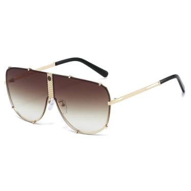 Imagem de Óculos de Sol UV400 - Rebites Grandes com Lentes Degradê em Metal para Homens e Mulheres, Ideais para Esportes ao Ar Livre, Corrida e Ciclismo, Cor Chá Dourado