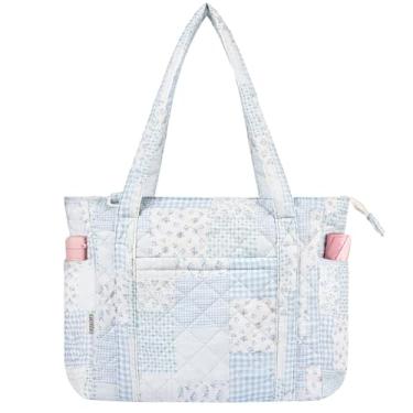 Imagem de WOBAGMEN Bolsa feminina acolchoada leve e acolchoada com zíper, bolsa de ombro grande para trabalho, viagens, academia, Broche verde azul, Medium