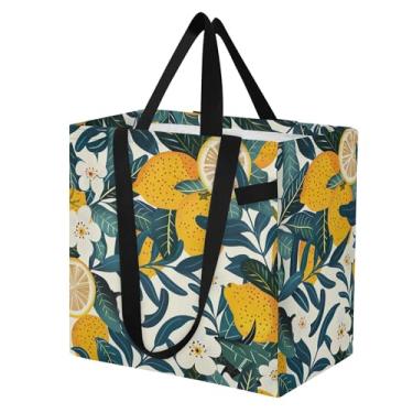 Imagem de SEHANY Sacolas de compras reutilizáveis de verão limão com alças reforçadas, bolsa de compras de lona dobrável à prova d'água de grande capacidade para viagem, cozinha, praia