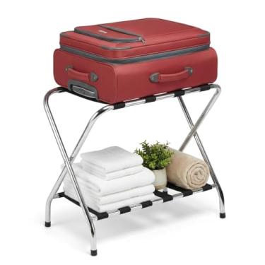 Imagem de USTECH Bagageiro de camada dupla – Suporte de mala dobrável com prateleira inferior, estrutura de metal de montagem fácil para quarto de hóspedes, quarto, hotel ou armário