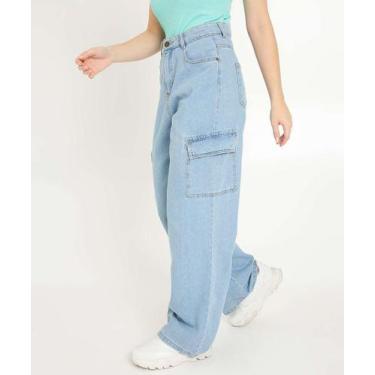 Imagem de Calça Jeans Wide Leg Pantalona Feminina Cargo Marisa-63065, 40, Jeans 