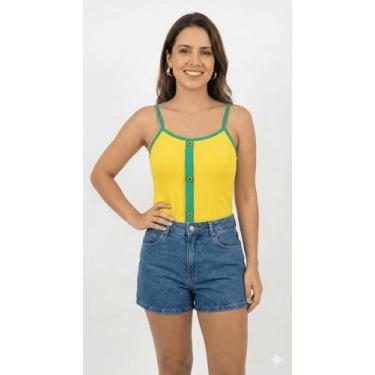 Imagem de Camiseta canelada com botão brasil - Flor de Paula, Amarela com verde,