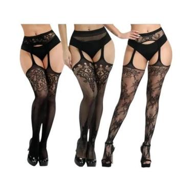 Imagem de Meias-calças Femininas Sensuais De Rede Até a Coxa, 3 Peças, Com Padrã