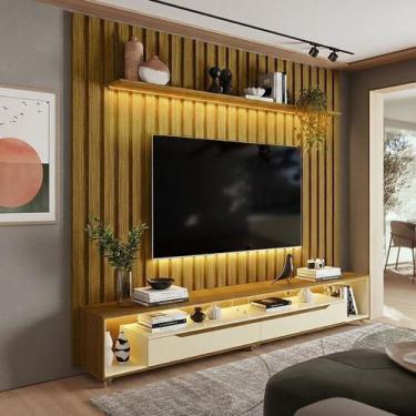 Imagem de Painel Ripado com Led London 222cm e Rack Loop com Rodízios Tv 70 Pole