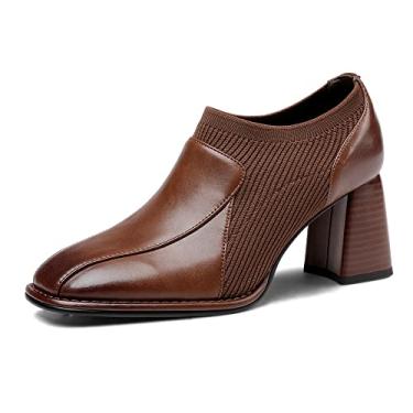 Imagem de TinaCus Sapato casual feminino bico quadrado de couro legítimo e lã feito à mão salto médio grosso, Marrom, 6
