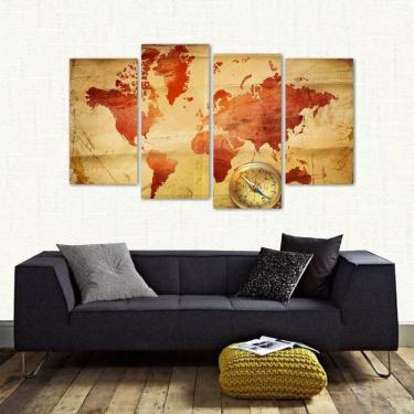 Imagem de Quadro Decorativo Mapa Mundi Vintage Sala Em Tecido 4 Peças