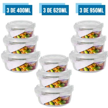 Imagem de Conjunto 9 Tamanhos Pote Hermético Vidro Kit Redondo