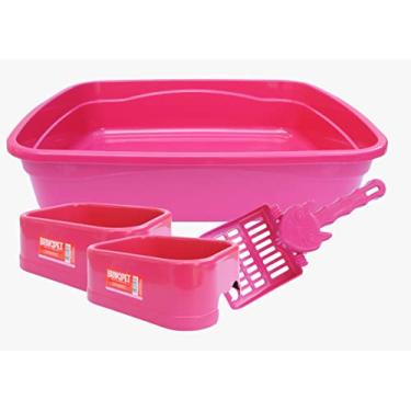 Imagem de Kit Gato 4 Peças Caixa de Areia Pá Higiênica Comedouro Bebedouro Banheiro Para Gatos (Rosa)