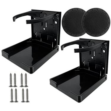 Imagem de Pacote com 2 suportes de bebida dobráveis ajustáveis com parafusos e fitas + 2 peças de porta-copos de carro, porta-copos de plástico para garrafas, suportes de copo para caravanas, carros, trailers, vans, veículos marinhos, automóveis, acessórios para barcos