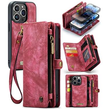 Imagem de ZORSOME Capa carteira para iPhone 14 Pro, 2 em 1 destacável de couro premium PU com 8 compartimentos para cartões, bolsa magnética com zíper, alça de pulso para mulheres, homens e meninas, vermelha