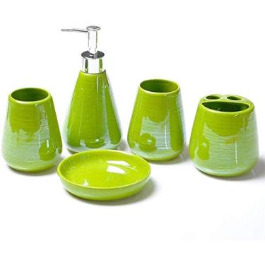 Imagem de Conjunto de acessórios de banheiro simples de 5 peças de acessórios de banheiro de cerâmica conjunto de acessórios de banheiro inclui dispensador de sabonete, escova de dentes, suporte de acessórios para banheiro (cor: verde) - verde